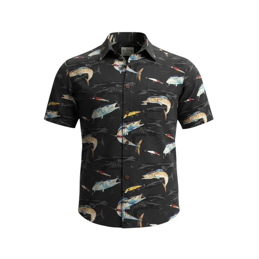 Guy Harvey Button Down XL‎ Black Marlin Fishing Lure Print Short Sleeve Cotton